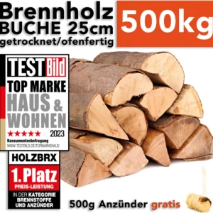 holzbrx Brennholz Buche 500kg 25cm ofenfertig kammergetrocknet auf Palette <18% Restfeuchte
