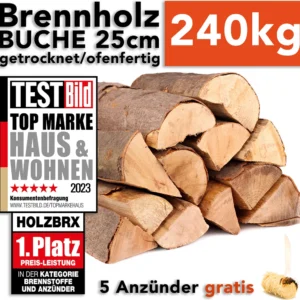 holzbrx Kaminholz Buche, 240kg, 25cm, ofenfertig, 8 Kartons, inkl. 5 Holzwollanzünder, nachhaltig