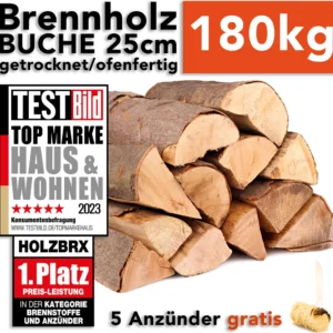 holzbrx, Brennholz Buche, 25cm, 180kg, ofenfertig im Karton, 6 Kartons, inkl. 5 Holzwollanzünder, handverlesen